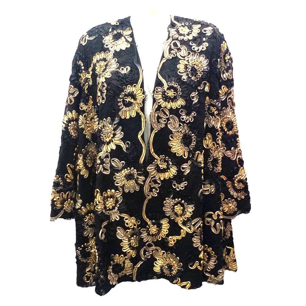 Badgley Mischka Silk Embroidered Evening Jacket Cape Wrap Black Tan Size S Women